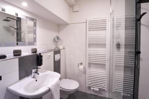 a bathroom with a sink and a toilet and a shower at "Landidyll"Hotel Rathaus in Wildemann