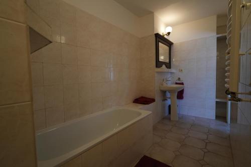 a bathroom with a bath tub and a sink at Rodinný Penzion U Nouzů in Staré Hradiště