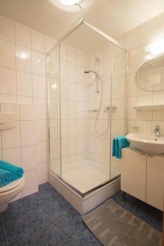 a bathroom with a shower and a toilet and a sink at Haus Schönblick in Kirchberg in Tirol