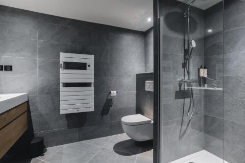 a bathroom with a shower and a toilet and a sink at Les Chalets du Grand Hôtel in Saint-Chaffrey