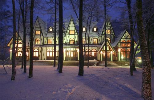a large house in the snow at night at Restaurant & Hotel Traumerei in Hakuba