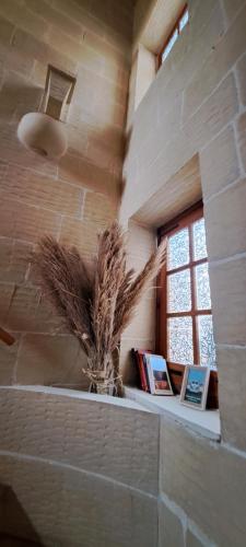 a room with a window and a shelf with books at Sunset Castle House with Pool in Xagħra