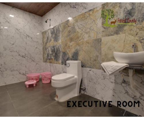 a bathroom with a white toilet and a sink at Forest County Resort Mahabaleshwar in Mahabaleshwar
