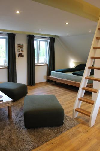 a bedroom with a bunk bed and a ladder at Sternennächte auf einem echtem Bauernhof in Warpke