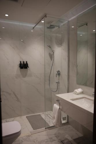 a bathroom with a shower and a sink and a toilet at Baghdad Do Hotel in Baghdād
