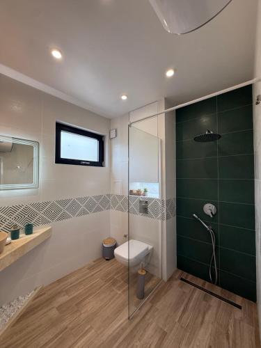 a bathroom with a toilet and a glass shower at Вила Солана - Villa Solana in Lozenets