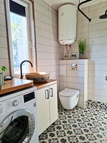 a laundry room with a washer and a toilet at Meie Hiiumaa majutus Kärdlas in Kärdla