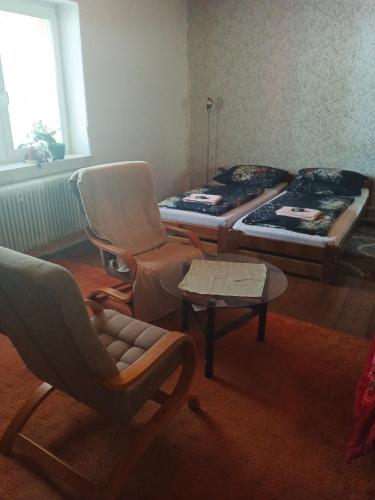 a living room with a couch and a chair and a table at Apartmán Na Myslivecké in Zlaté Hory