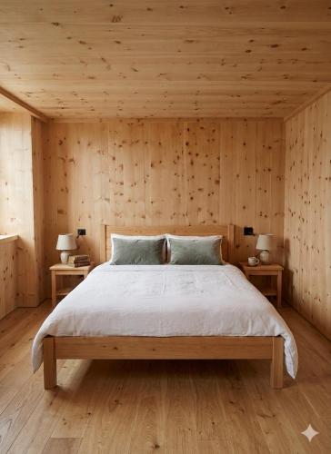 a bedroom with a large bed with wooden walls at Rifugio Ghiacciaio dei Forni in Valfurva