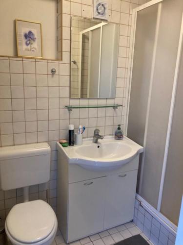 a bathroom with a sink and a toilet and a mirror at 20 Koraka in Klenovica