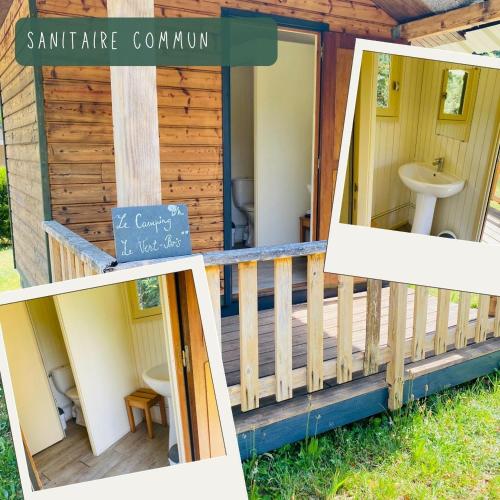 a tiny house with a bathroom and a sink at Camping Le Vert-Bois - Corrèze in Saint-Martin-la-Méanne