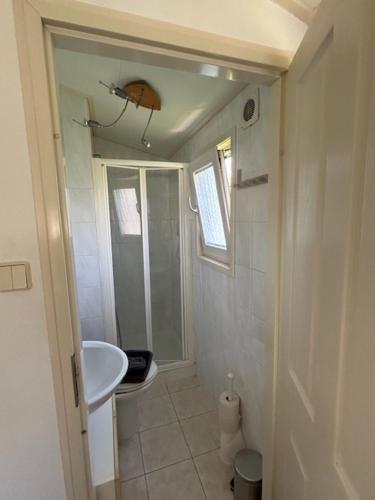a small bathroom with a sink and a toilet at De huismus in Sleen