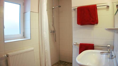 a bathroom with a sink and a shower with red towels at Wein- Appartements Borth in Bretzfeld