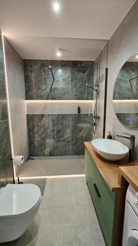a bathroom with a toilet and a sink and a shower at Jeziorna Premium Apartment in Siewierz
