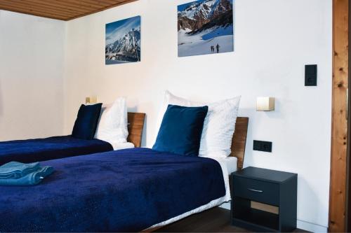 two beds in a bedroom with snow capped mountains at Mountain Lodge Stubai in Neustift im Stubaital