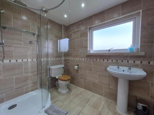 a bathroom with a sink and a toilet and a shower at Lyndale in Tobermory