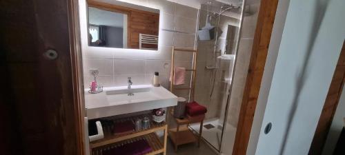 a bathroom with a sink and a shower with a mirror at Maison d'hôtes - Relais De La Poste in Gerbépal