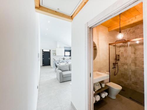 a bathroom with a shower and a toilet in a room at Apartamentos llerda in Cretas