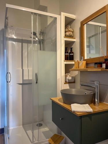 a bathroom with a sink and a glass shower at La Maison de Laulie in Bagnères-de-Bigorre