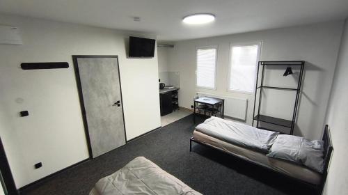 a room with two beds and a mirror at Pavelkova House in Olomouc