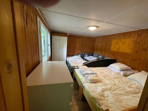 a room with two beds and a table in it at Chaty u Martiny in Nalžovice