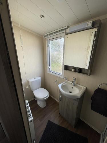 a small bathroom with a toilet and a sink at Linnet Moselle 5 in Peterhead