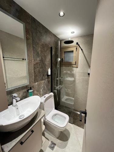 a bathroom with a sink and a toilet and a shower at Latsis Suites in Moláoi