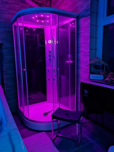 a pink room with a chair and a shower at Domaine Du Hêtre - Meublé T2 in Bains-les-Bains