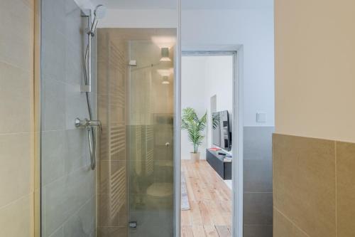 a shower with a glass door in a bathroom at Potsdam Classic Apartment in Potsdam