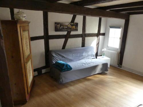 une chambre avec un lit et un parquet dans l'établissement Appart chaleureux, à Colmar