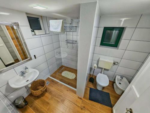 a bathroom with a sink and a toilet at Villa Solaris in Donje Rašćane