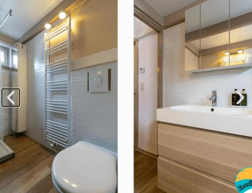 two pictures of a bathroom with a toilet and a sink at Zeevibes - Sunparks - Waterpret - gratis fietsen! in Oostduinkerke