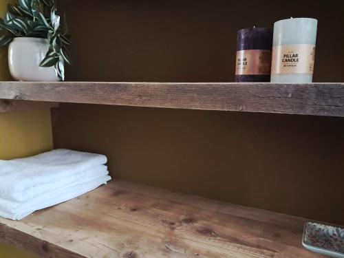 a wooden shelf with towels and a plant on it at DolomitiBel Garibaldina in Belluno