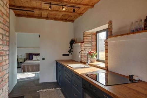 eine Küche mit Spüle und ein Bett in einem Zimmer in der Unterkunft Paulīnes in Alsunga