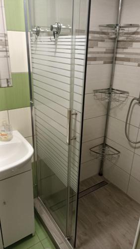 a glass shower in a bathroom with a sink at J&K Štrba in Poprad