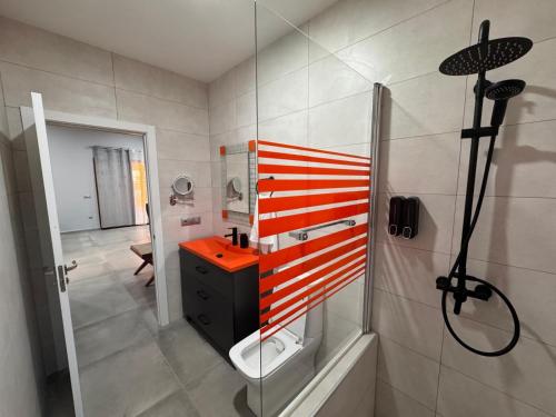 a bathroom with a shower and a sink and a toilet at Complejo Rural Santa Emma in Herencia