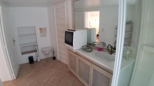 a bathroom with a sink and a tv on a counter at La chambre d'hôtes du moulin de Vignars in Ginals