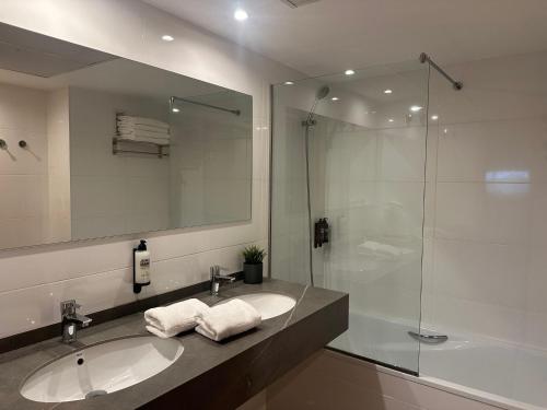 a bathroom with a sink and a shower at Apartamentos Plaza Picasso in Valencia
