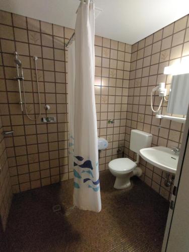ein Badezimmer mit Dusche, Toilette und Waschbecken in der Unterkunft Hotel Nöhre in Wittingen