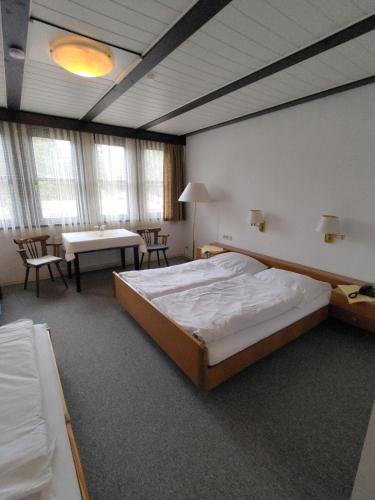 ein Schlafzimmer mit einem Bett, einem Tisch und Stühlen in der Unterkunft Hotel Nöhre in Wittingen