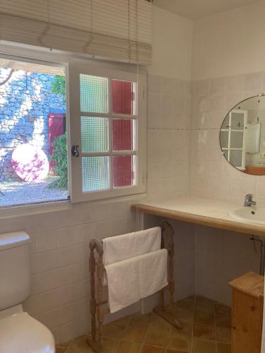 a bathroom with a toilet and a sink and a mirror at Chambres d'hotes lecortile in Villeneuve-lès-Maguelonne