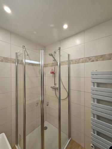 a shower with a glass door in a bathroom at "Sunny" in Burgtiefe auf Fehmarn 