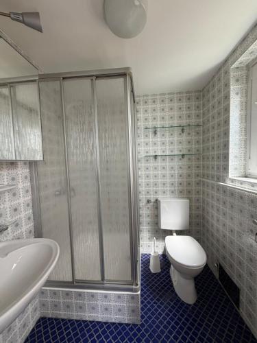 a bathroom with a shower and a toilet and a tub at Apartment Am Wald in Idar-Oberstein