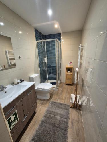 a bathroom with a toilet and a sink and a shower at Casa da Padaria in Folgosa