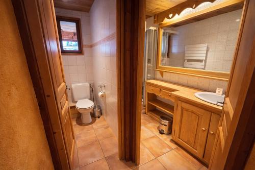 a bathroom with a toilet and a sink and a mirror at La chambre Chez Marion 2 personnes in Notre-Dame-de-Bellecombe