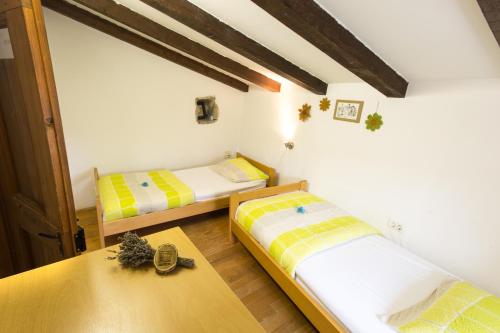 a room with two beds and a wooden table at Pliskovica Youth Hostel in Pliskovica