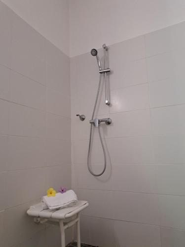 a shower in a white bathroom with a sink at Ti Pipirit in Saint-François