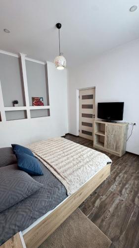 a bedroom with a bed and a flat screen tv at Central Square Apartment in Ternopil