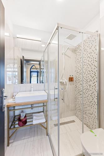 a bathroom with a shower and a sink at Dokia Boutique in Gura Humorului