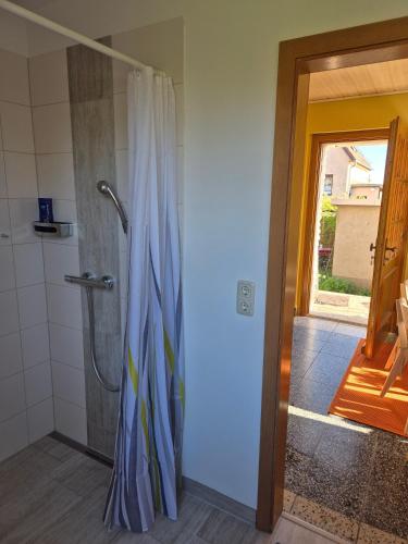 a shower with a blue shower curtain in a bathroom at Elbsandstein vor der Tür in Lohmen